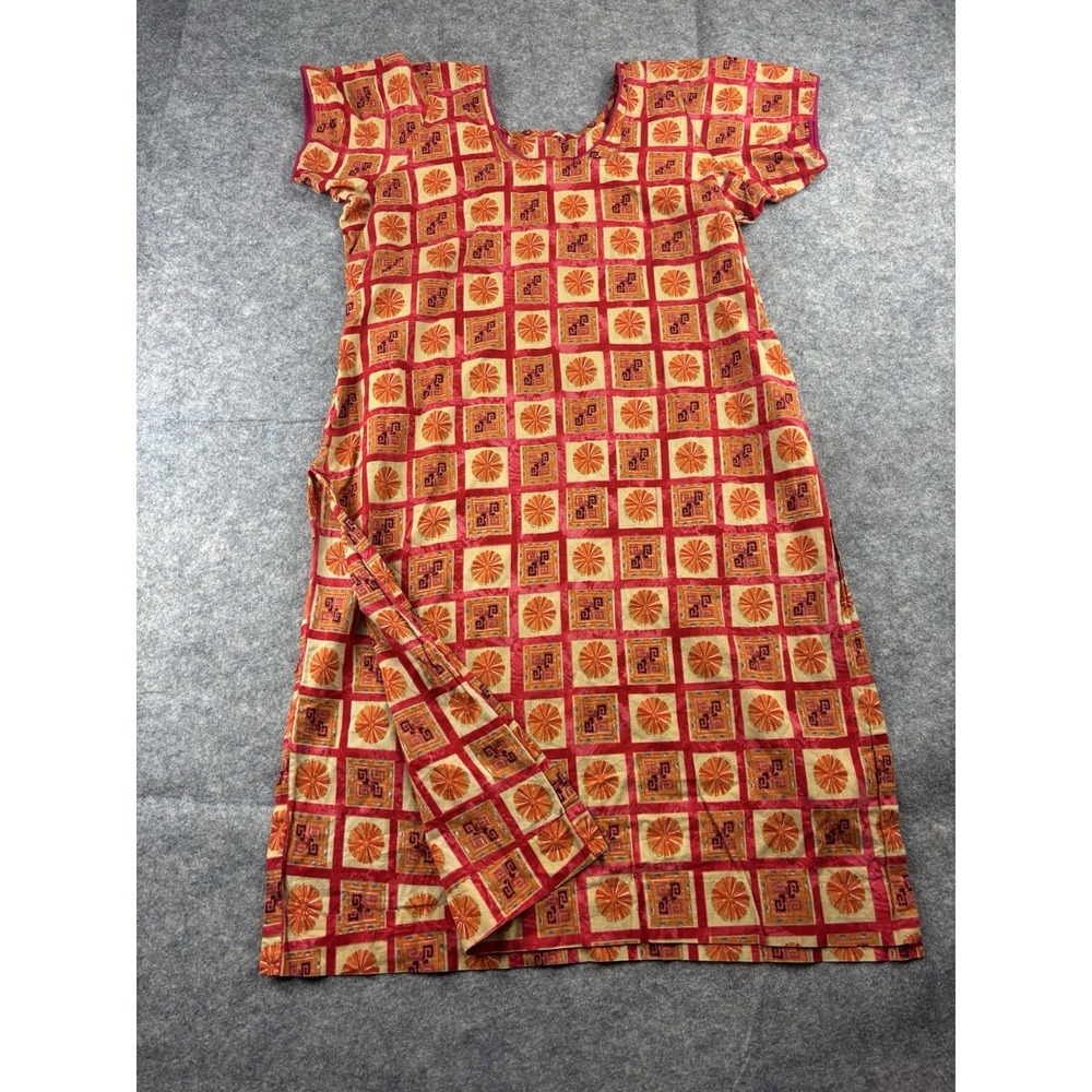 Indian Women's Small Tunic Dress Orange Aztec‎ Bohemian Coastal Short Sleeve